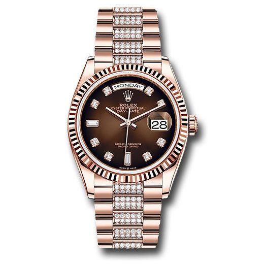 Đồng hồ Rolex Everose Gold Day-Date Fluted Bezel Brown Ombré Diamond Dial Diamond President Bracelet 128235 broddp 36mm