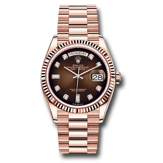 Đồng hồ Rolex Everose Gold Day-Date Fluted Bezel Brown Ombre Diamond Dial President Bracelet 128235 brodp 36mm