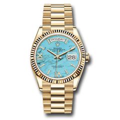 Đồng hồ Rolex Yellow Gold Day-Date Fluted Bezel Turquoise Diamond Index Roman VI & IX Dial President Bracelet 128238 tdidrp 36mm