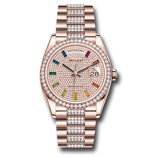 Đồng hồ Rolex Everose Gold Day-Date Diamond Bezel Diamond-Paved Rainbow Sapphire Dial Diamond President Bracelet 128345RBR dprsdp 36mm