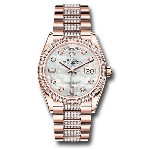 Đồng hồ Rolex Everose Gold Day-Date Diamond Bezel White Mother-Of-Pearl Diamond Dial Diamond President Bracelet 128345rbr mddp 36mm