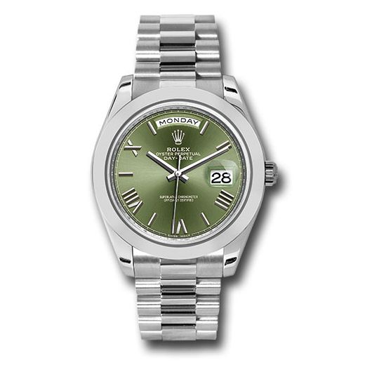 Đồng hồ Rolex 950 Platinum Day-Date Smooth Bezel Olive Green Bevelled Roman Dial President Bracelet 228206 ogrp 40mm