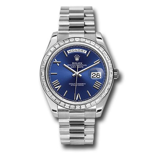 Đồng hồ Rolex 950 Platinum Day-Date Baguette-Cut Diamonds Bezel Blue Bevelled Roman Dial President Bracelet 228396TBR blrp 40mm