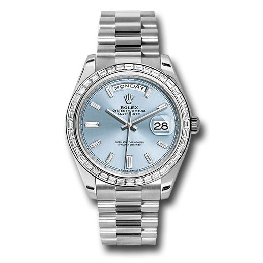 Đồng hồ Rolex 950 Platinum Day-Date Baguette-Cut Diamond Bezel Ice Blue Baguette Diamond Dial President Bracelet 228396TBR ibbdp 40mm