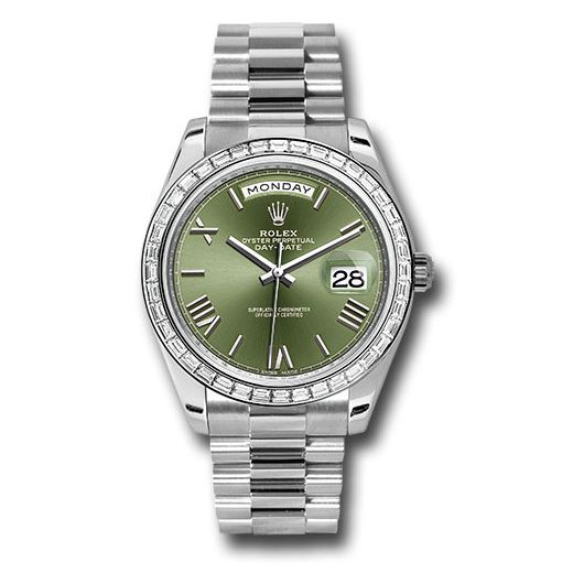 Đồng hồ Rolex 950 Platinum Day-Date Baguette-Cut Diamond Bezel Olive Green Bevelled Roman Dial President Bracelet 228396TBR ogrp 40mm