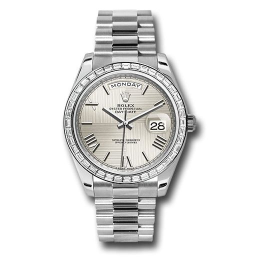 Đồng hồ Rolex 950 Platinum Day-Date Baguette-Cut Diamond Bezel Silver Quadrant Motif Bevelled Roman Dial President Bracelet 228396TBR sqmrp 40mm