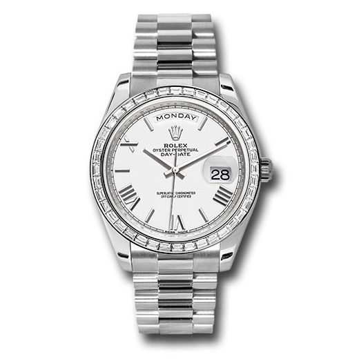 Đồng hồ Rolex 950 Platinum Day-Date Baguette-Cut Diamond Bezel White Bevelled Roman Dial President Bracelet 228396TBR wrp 40mm
