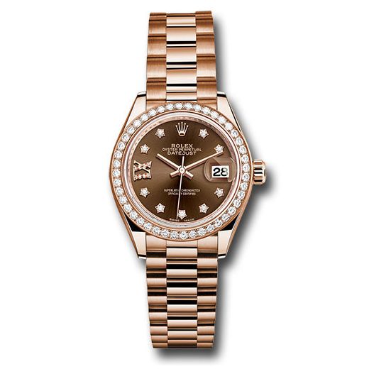 Đồng hồ Rolex Everose Gold Lady-Datejust 44 Diamond Bezel Chocolate Diamond Star Dial President Bracelet 279135RBR cho9dix8dp 28mm