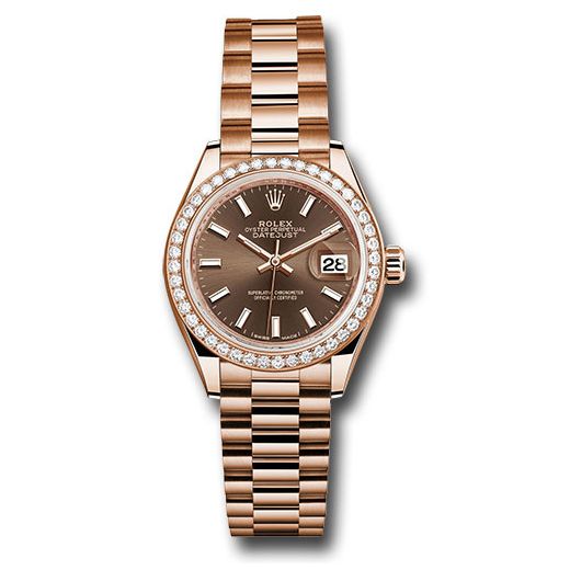 Đồng hồ Rolex Everose Gold Lady-Datejust 44 Diamond Bezel Chocolate Index Dial President Bracelet 279135RBR choip 28mm