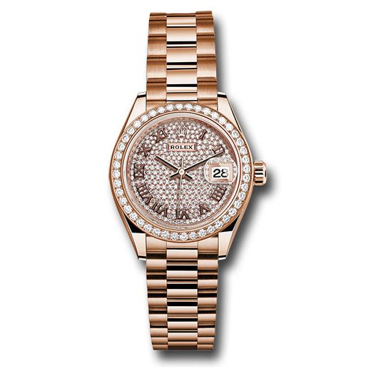 Đồng hồ Rolex Everose Gold Lady-Datejust 44 Diamond Bezel Diamond Paved Roman Dial President Bracelet 279135RBR dprp 28mm
