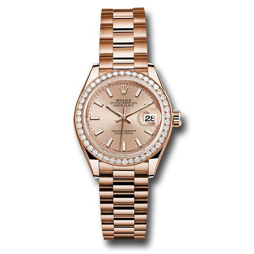 Đồng hồ Rolex Everose Gold Lady-Datejust 44 Diamond Bezel Pink Sundust Index Dial President Bracelet 279135RBR pip 28mm
