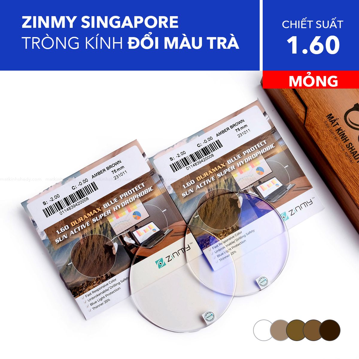  Tròng Kính Mỏng Đổi Màu Chống Ánh Sáng Xanh Zinmy Duramax Amber Brown Blue Protect Sun Active 1.60 AS 