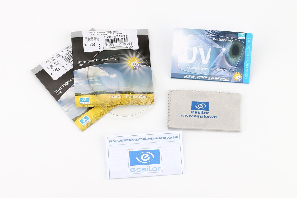 Tròng đổi màu ESSILOR TRANSITIONS CRIZAL FORTE UV 1.50 AIRMARK.