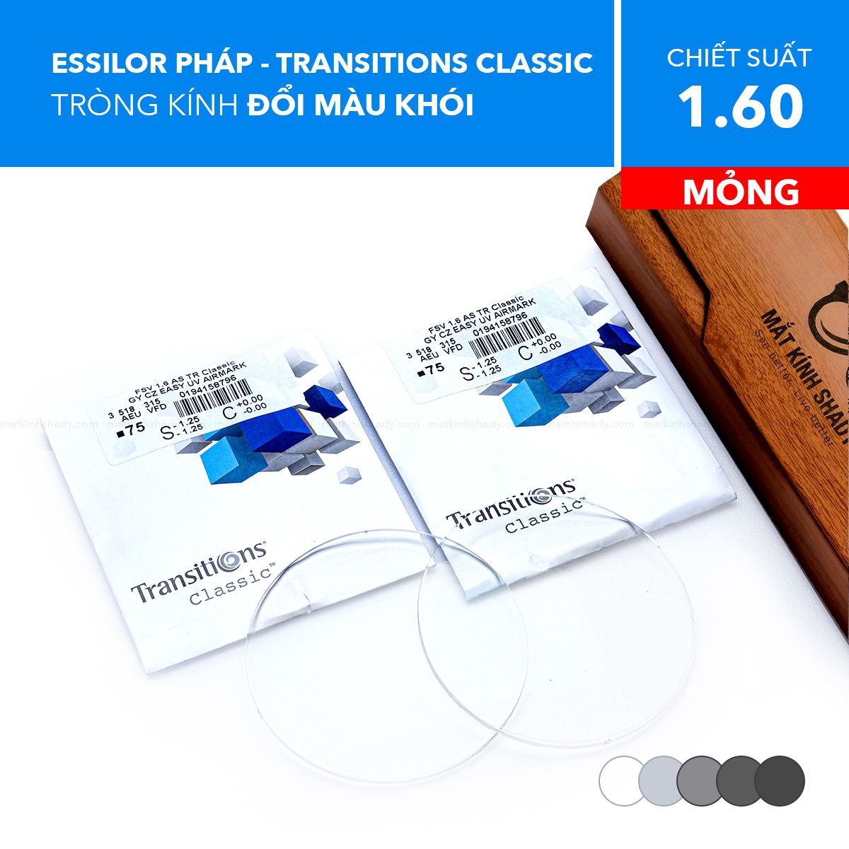  Tròng Kính Mỏng Đổi Màu Khói Transitions Classic Essilor 1.60 