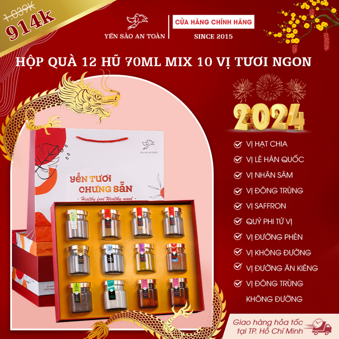 Hộp 12 hũ yến tươi chưng sẵn mix 10 vị