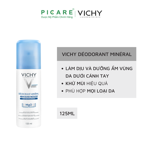 Xịt Khử Mùi Giàu Khoáng Giúp Vùng Da Dưới Cánh Tay Khô Thoáng Vichy Déodorant Mineral 125ml