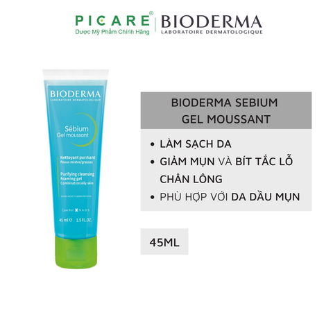 Gel Rửa Mặt Tạo Bọt Ngăn Ngừa Mụn Dành Cho Da Hỗn Hợp, Da Dầu Đến Da Mụn Bioderma Sebium Gel Moussant 45ml