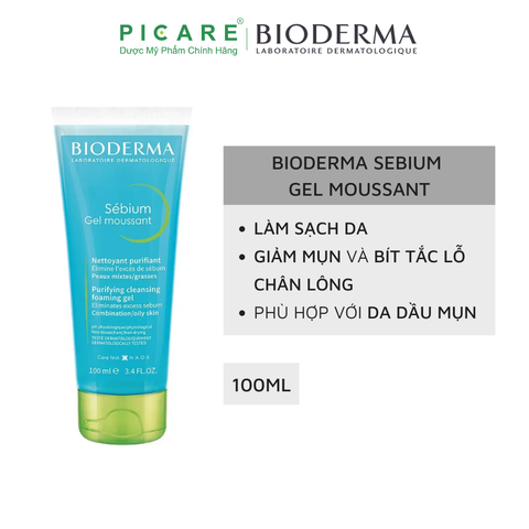 Gel Rửa Mặt Tạo Bọt Ngăn Ngừa Mụn Dành Cho Da Hỗn Hợp, Da Dầu Đến Da Mụn Bioderma Sebium Gel Moussant 100ml