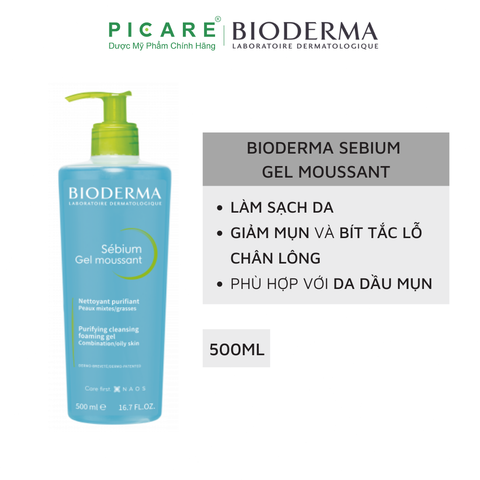 Gel Rửa Mặt Tạo Bọt Ngăn Ngừa Mụn Dành Cho Da Hỗn Hợp, Da Dầu Đến Da Mụn Bioderma Sebium Gel Moussant 500ml