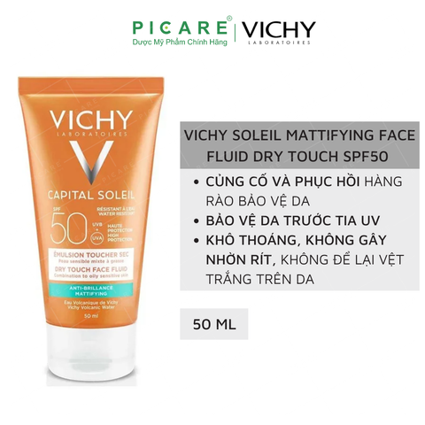 Kem Chống Nắng Bảo Vệ Da Không Nhờn Rít Vichy Ideal Soleil Mattifying Face Fluid Dry Touch SPF50 UVA + UVB 50ml