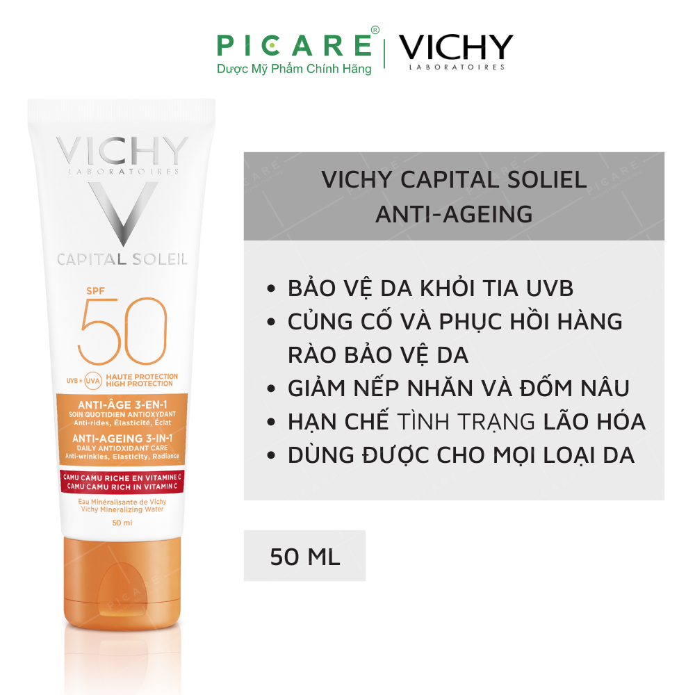 Kem Chống Nắng Ngăn Ngừa Các Dấu Hiệu Lão Hóa Vichy Capital Soleil Anti-Ageing 3in1 SPF50+ 50ml