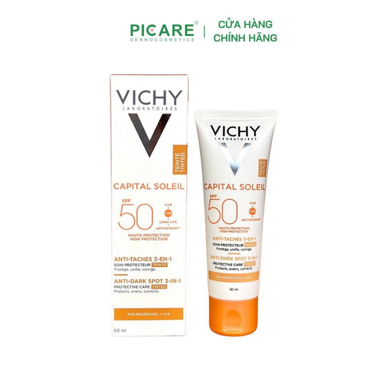 Kem Chống Nắng Ngăn Sạm Da, Giảm Thâm Nám (Màu Da) Vichy Capital Soleil Anti-Dark Spot 3in1 Tinted Daily Care SPF50+ 50ml