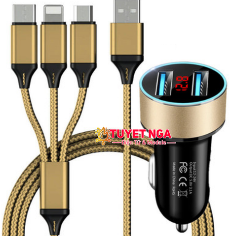 Cốc Sạc Xe Hơi 3.1A Dual USB Kèm Dây Ra 3 Cổng Sạc (màu vàng)