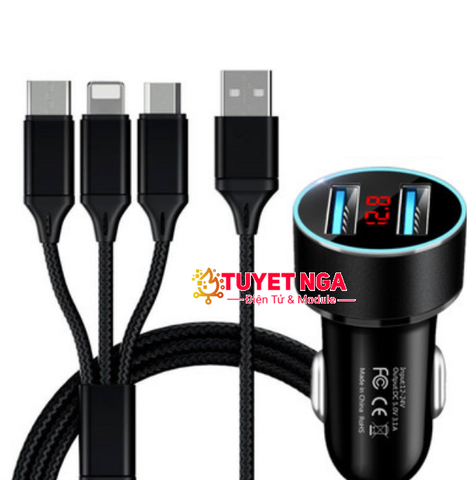 Cốc Sạc Xe Hơi 3.1A Dual USB Kèm Dây Ra 3 Cổng Sạc (màu đen)