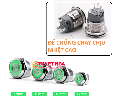 16mm Power Nút Nhấn Nhả Nguồn Kim Loại Xanh Lá