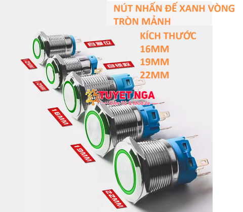 Nút Nhấn Giữ Kim Loại Xanh Lá 12-24V