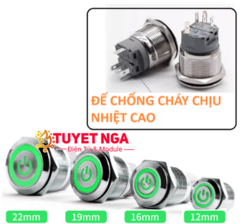 22mm Power Nút Nhấn Giữ Nguồn Kim Loại Xanh Lá