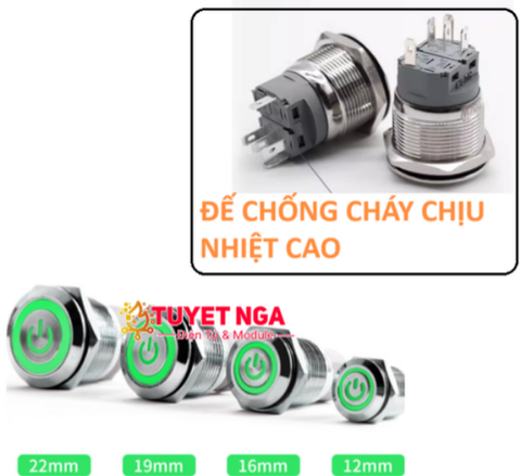 19mm Power Nút Nhấn Nhả Nguồn Kim Loại Xanh Lá