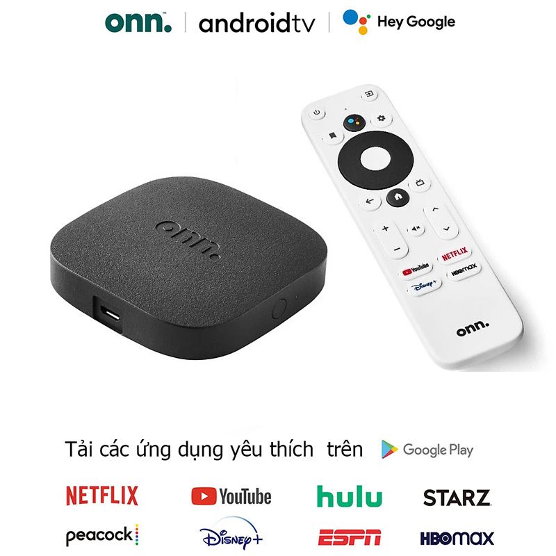 Onn TV Box. Thiết Bị Phát Trực Tuyến Androidtv 10 Điều Khiển Giọng Nói