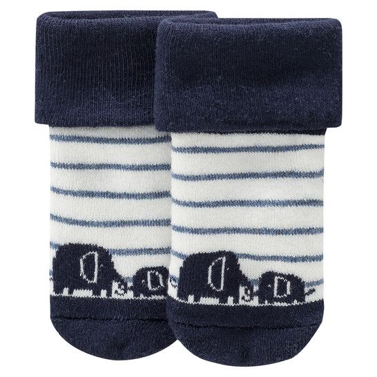 TOPOMINI Set 2 đôi tất dày cổ lật kẻ sọc, voi xanh navy