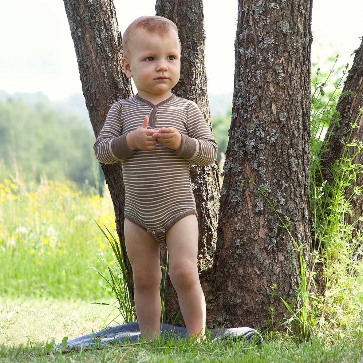 ENGEL Bodysuit dài tay nút cổ 70% Merino wool 30% Silk Walnut/Natural