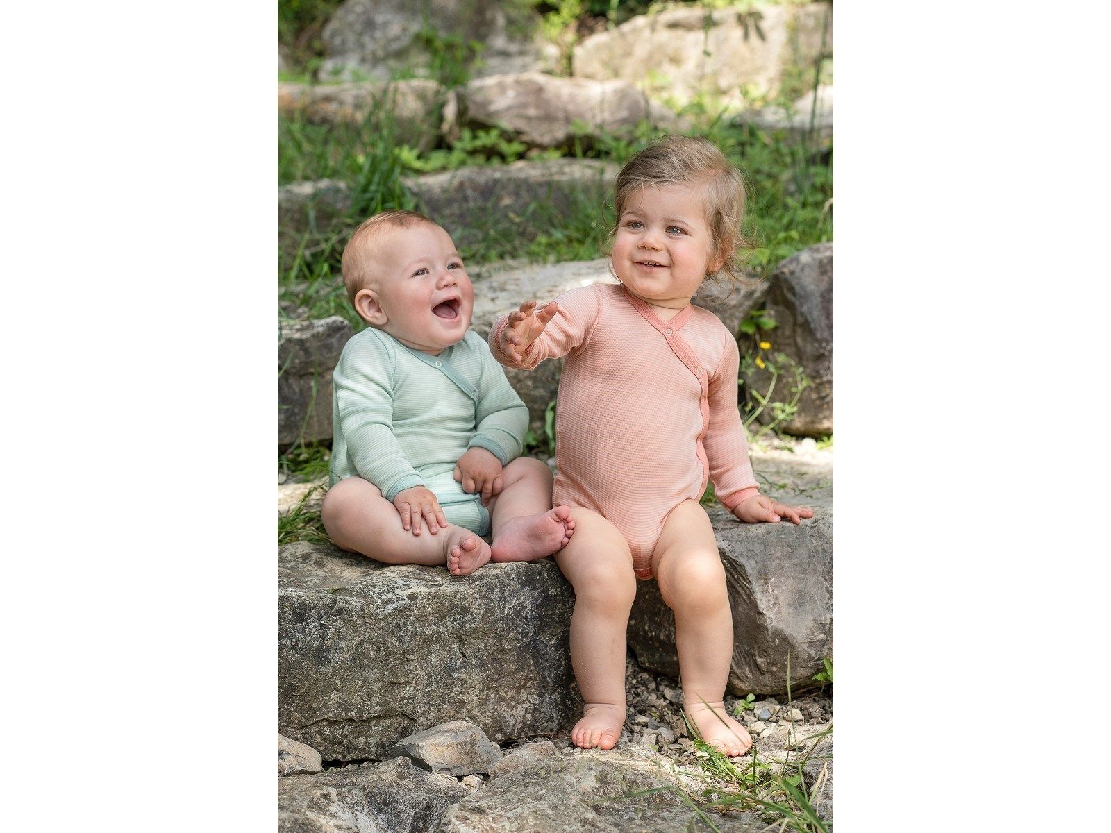 ENGEL Bodysuit dài tay vạt xéo 70% Merino wool 30% silk Salmon/Natural