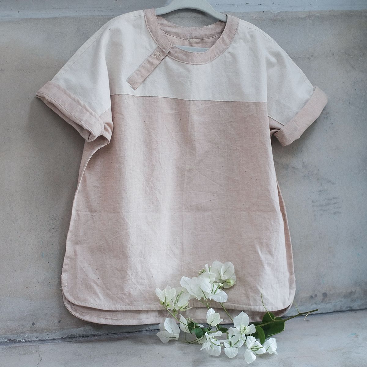 Áo bé trai tay ngắn cổ lãnh tụ | Flat round collar Shirt | Color grown cotton | CHOI SEWING