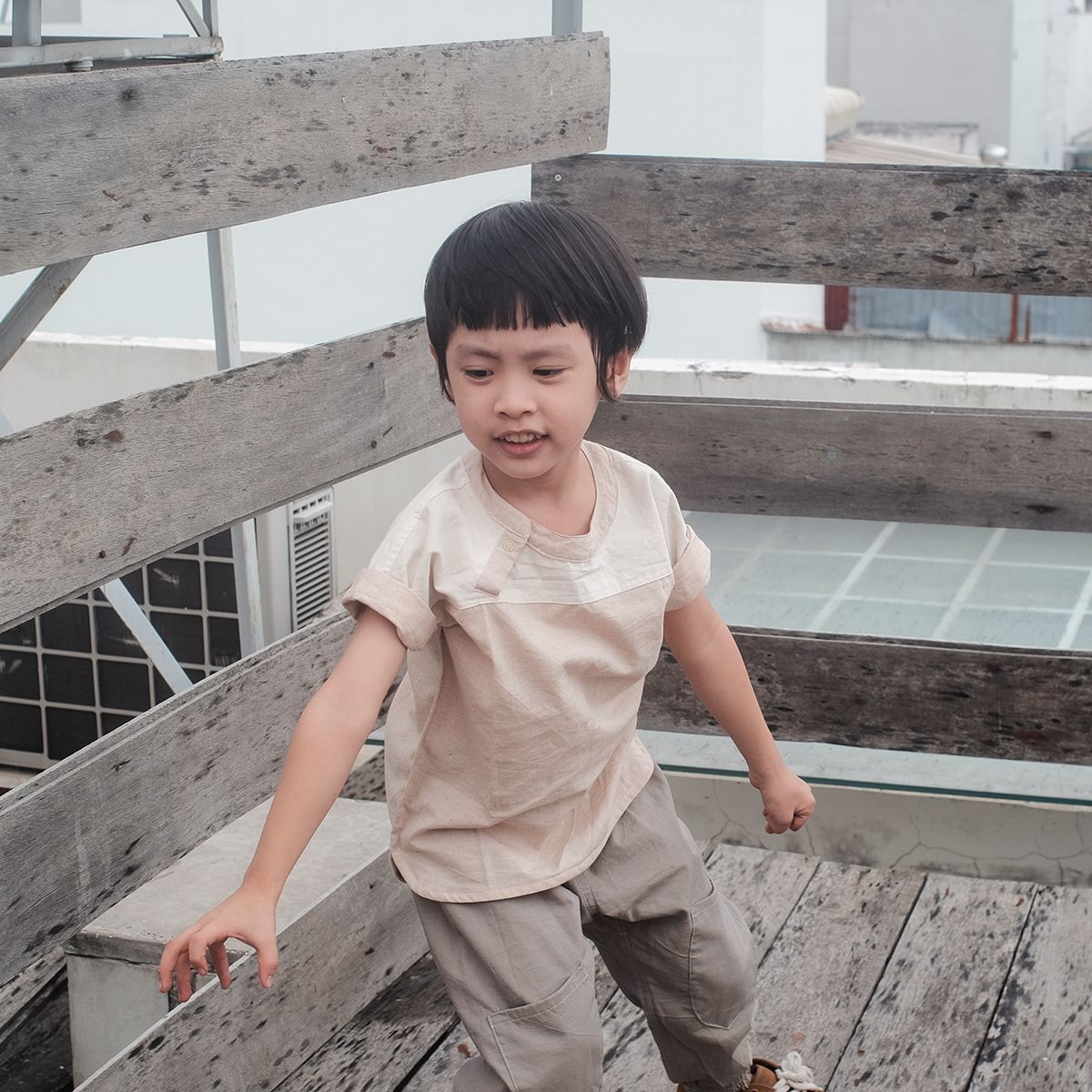 Áo bé trai tay ngắn cổ lãnh tụ | Flat round collar Shirt | Color grown cotton | CHOI SEWING