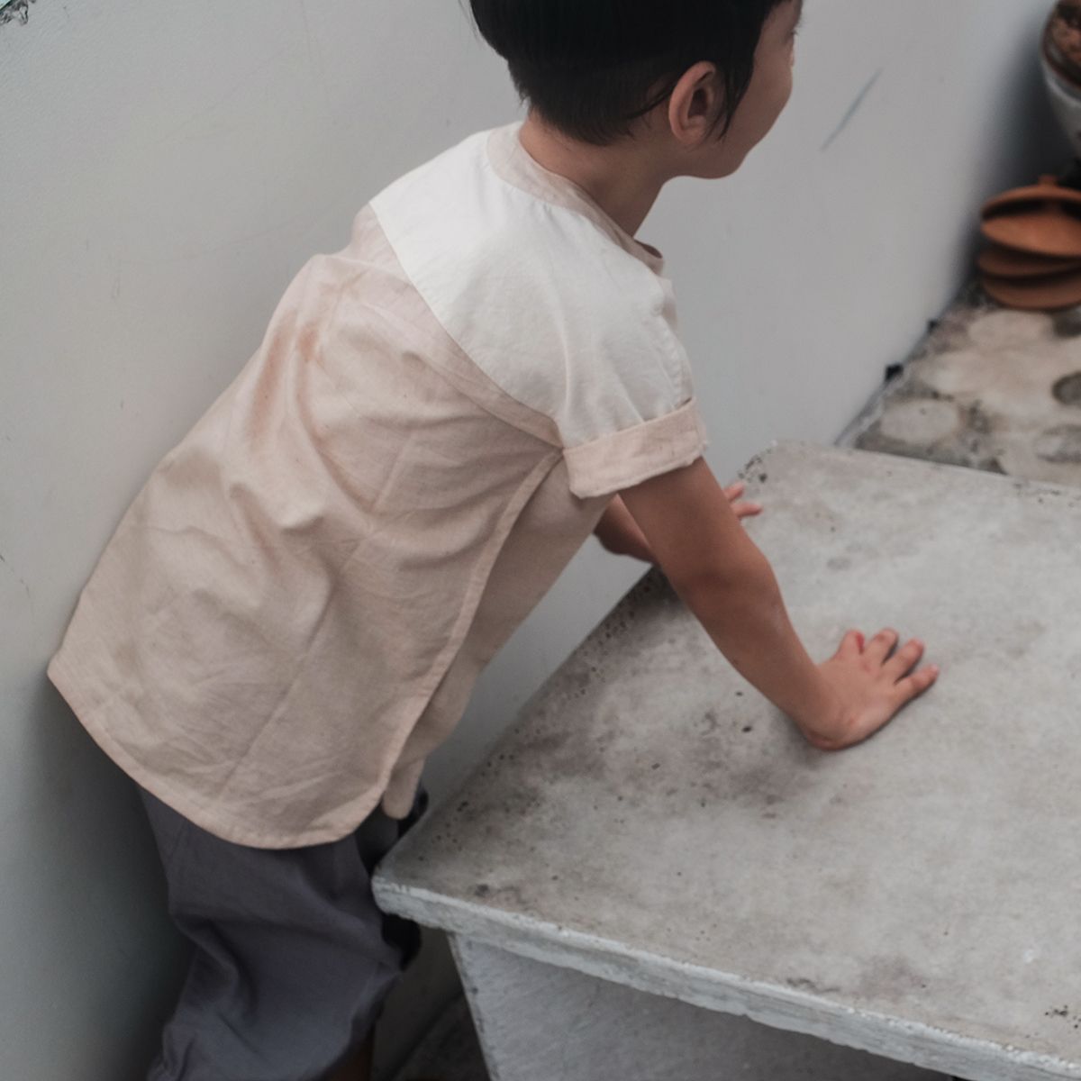 Áo bé trai tay ngắn cổ lãnh tụ | Flat round collar Shirt | Color grown cotton | CHOI SEWING