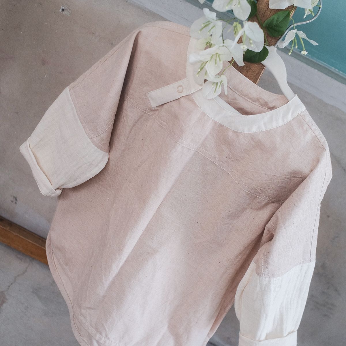 Áo bé trai tay dài cổ lãnh tụ | Flat round collar Shirt | Color grown cotton | CHOI SEWING