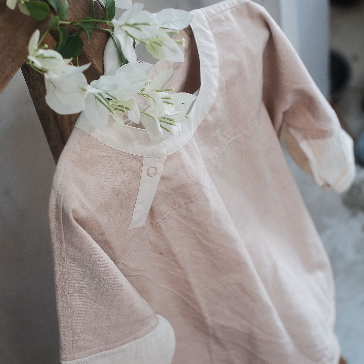 Áo bé trai tay dài cổ lãnh tụ | Flat round collar Shirt | Color grown cotton | CHOI SEWING
