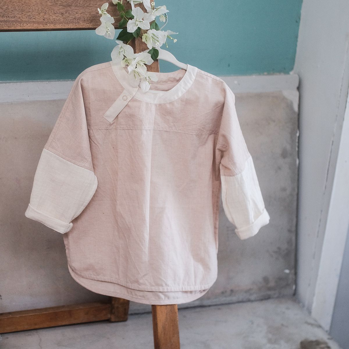 Áo bé trai tay dài cổ lãnh tụ | Flat round collar Shirt | Color grown cotton | CHOI SEWING