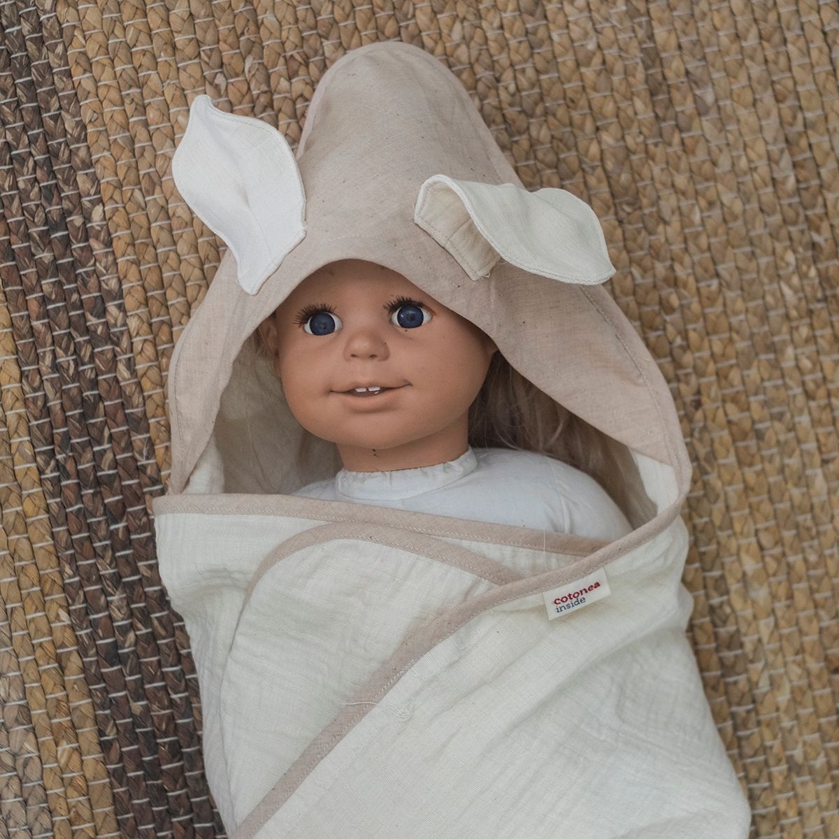 COTONEA Khăn xô Musselin có nón lau tắm, quấn bé Beige