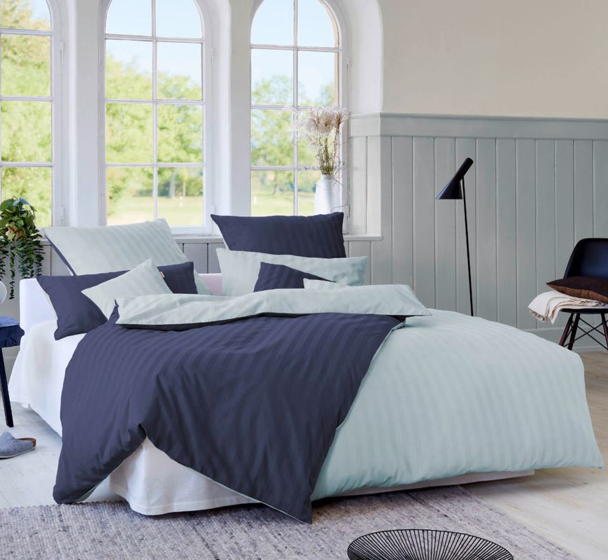 COTONEA Satin Linea Bedding reversible Pale blue/Dark blue