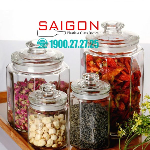 Hũ  Lục Giác Nắp Thủy Tinh 1.5L | 2L | 3L