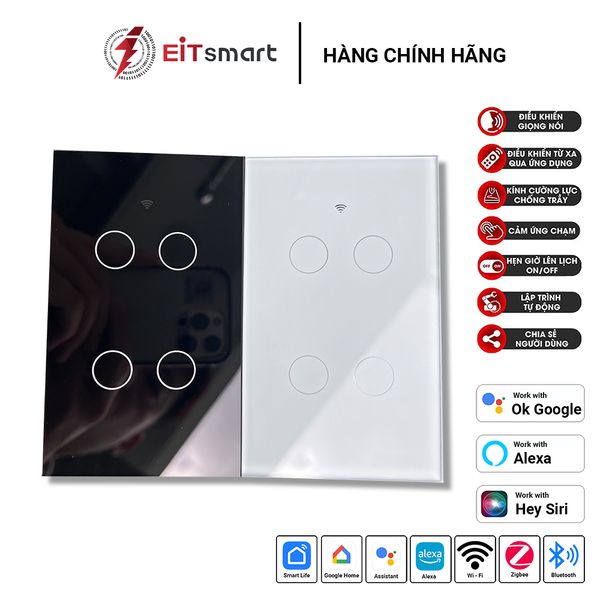 Công Tắc Cảm Ứng Thông Minh EITsmart, Kính Cường Lực, kết nối WiFi / Zigbee – 04 Nút ESW1104ZW (Trắng)