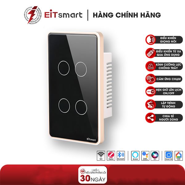 Công Tắc Cảm Ứng Thông Minh EITsmart, Kính Cường Lực, kết nối WiFi / Zigbee, viền Nhôm – 04 Nút ESW1204WB (Đen)