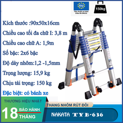 Thang nhôm rút đôi chữ A NAKATA 3M8 - TYB636 (Đai Xanh) TYB636