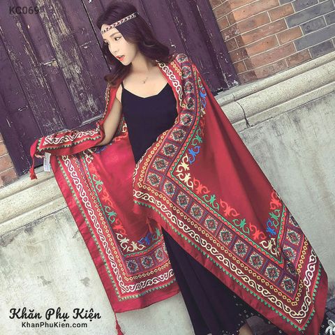 Khăn quàng choàng cổ nữ đi biển boho thổ cẩm đẹp cao cấp màu đỏ họa tiết - Mã KC069