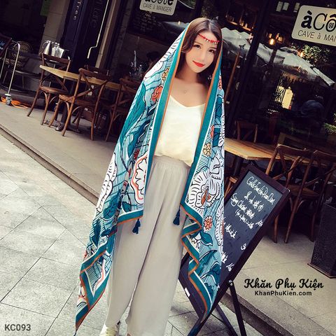 Khăn quàng choàng cổ nữ đi biển boho thổ cẩm đẹp cao cấp hoa sen trắng nền xanh - Mã KC093